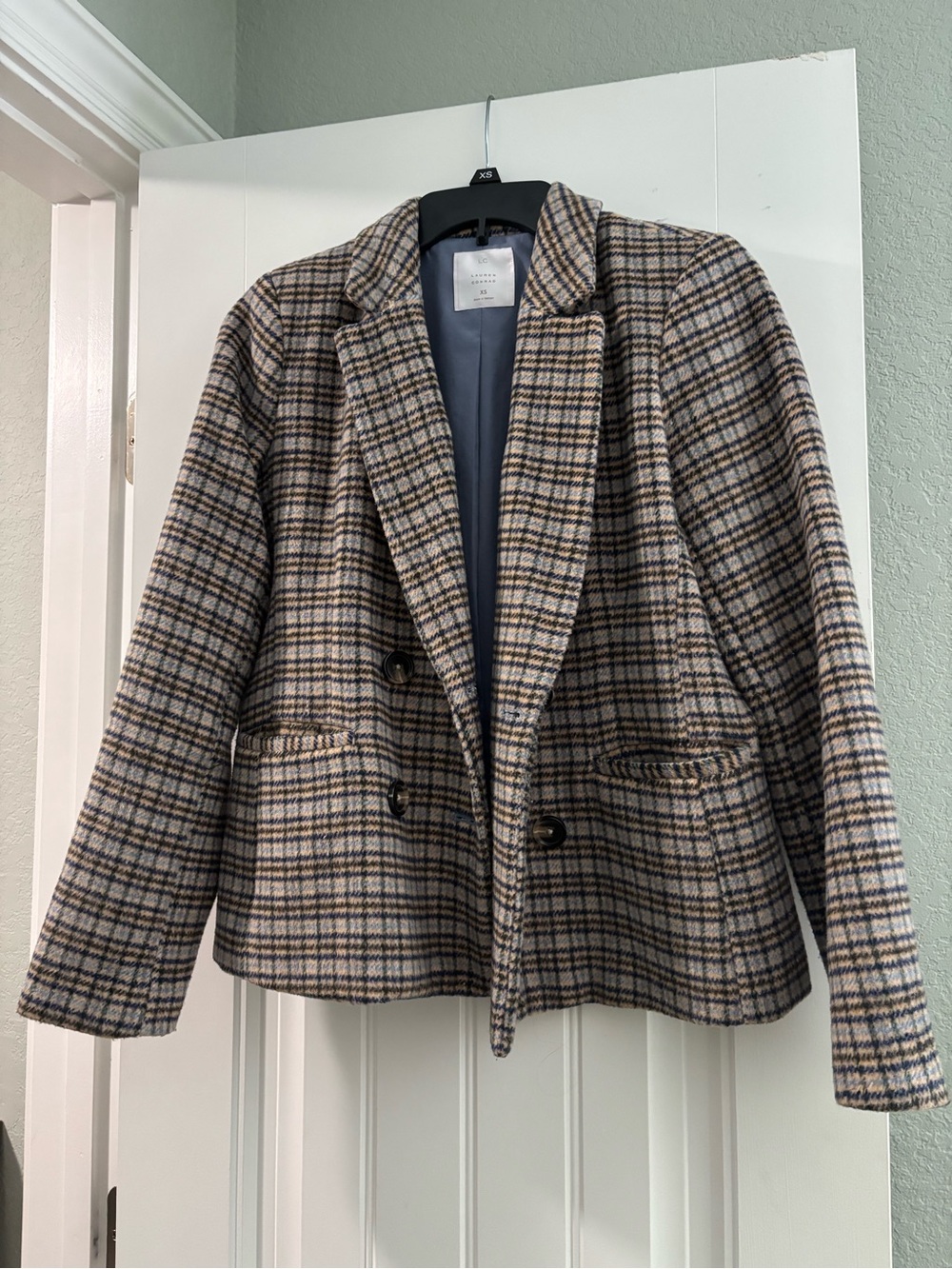 LC Lauren Conrad Beige, Black & Baby Blue Plaid Double-Breasted Blazer